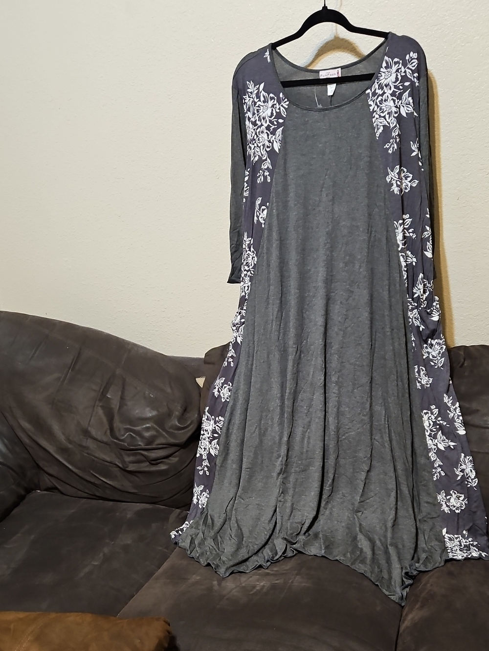 FunFash Charcoal Maxi Dress with White Floral Panels